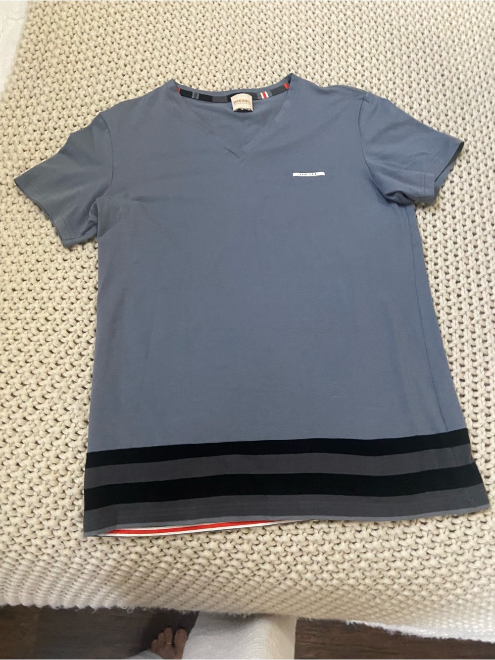Diesel Slate Blue Short Sleeve Tee with Hem Stripes
